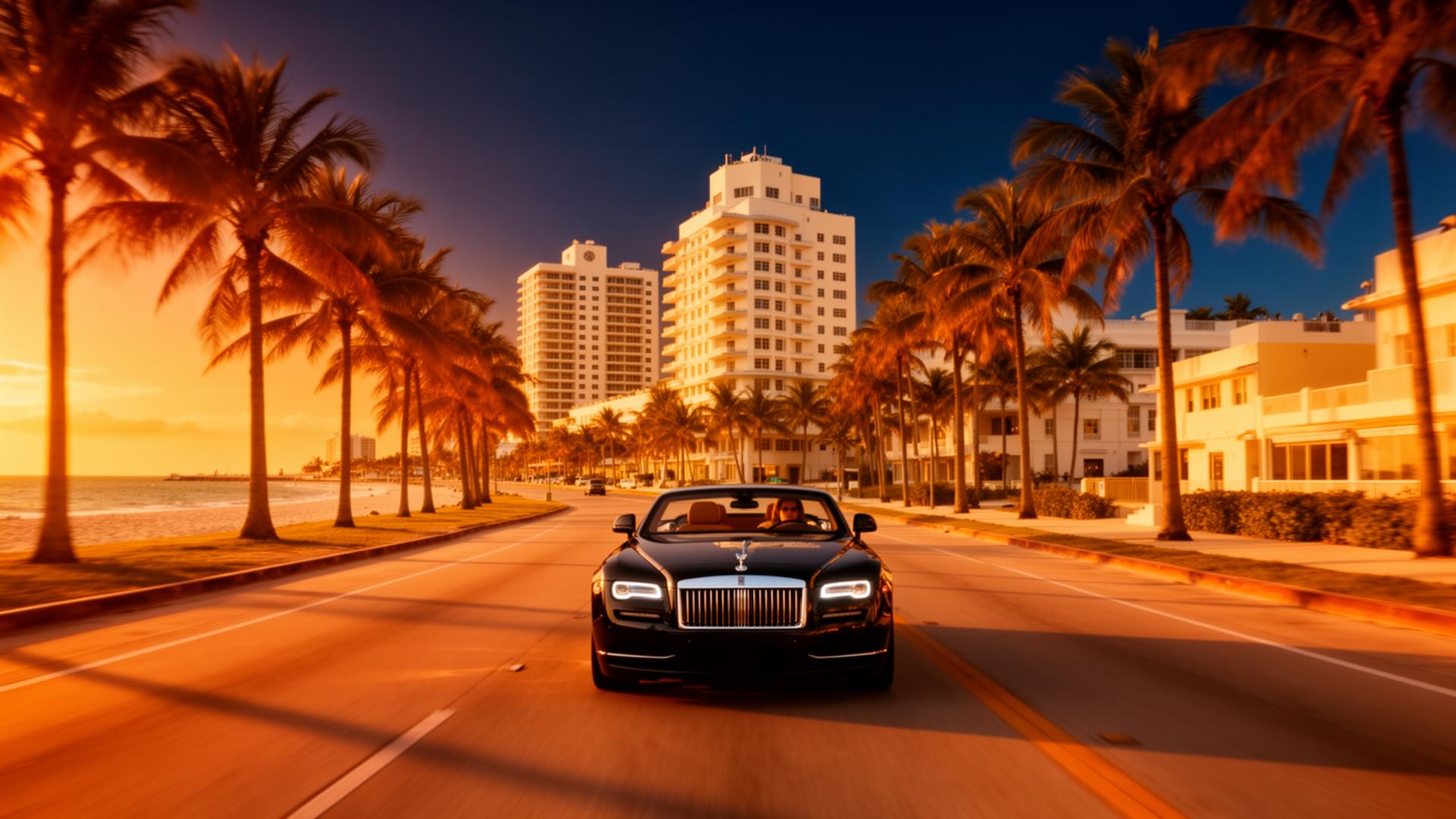 Auto de lujo en Miami Beach al atardecer